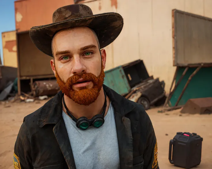 <lora:cragsand:0.70>, ((1boy)), ((solo)), handsome man, ginger beard, green eyes, photo, 8k uhd, dslr, soft lighting, high quality, Fujifilm XT3, cowboy hat, photo, professional, bald, accurate figure, aesthetically pleasing, correct hands, post apocalyptic, desert wasteland background, best quality, portrait, (masterpiece, top quality, best quality), trending on artstation, looking at you, portrait, jacket, scrap town, junkyard