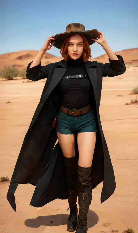 <lora:cragsand:0.70>, 1girl, adjusting_clothes, adjusting_headwear, belt, black_coat, black_footwear, black_headwear, black_shorts, boots, breasts, cape, coat, full_body, green_eyes, halloween, hat, looking_at_viewer, open_clothes, short_hair, solo, standing, ((solo)), ginger hair, green eyes, photo, 8k uhd, dslr, soft lighting, high quality, Fujifilm XT3, cowboy hat, photo, professional, accurate figure, aesthetically pleasing, correct hands, post apocalyptic, desert wasteland background, best quality, portrait, (masterpiece, top quality, best quality), trending on artstation, looking at you, portrait, jacket, swedish redhead, kneepads, goggles hanging around neck