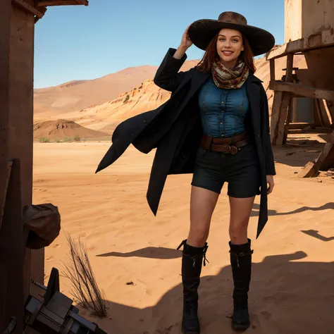 <lora:cragsand:0.70>, 1girl, belt, black coat, black footwear, black shorts, boots, breasts, cape, coat, full body, hat, looking_at_viewer, open_clothes, short_hair, solo, standing, ((solo)), ginger hair, green eyes, photo, 8k uhd, dslr, soft lighting, high quality, Fujifilm XT3, cowboy hat, photo, professional, accurate figure, aesthetically pleasing, correct hands, post apocalyptic, desert wasteland background, best quality, portrait, (masterpiece, top quality, best quality), trending on artstation, looking at you, portrait, jacket, swedish redhead, kneepads, seductive, beautiful, smile, perfect teeth, scarf around neck, calm, shadow covering face, mountain range in the background