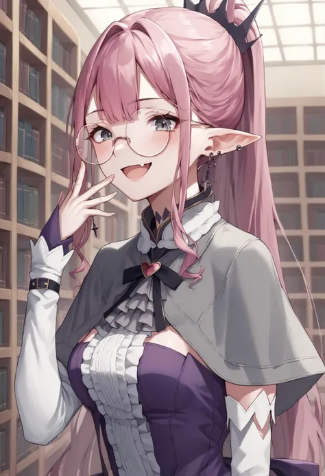 <lora:Baobhan_Sith_Pdxl:1> gray skin, colored skin, 1girl, blush, breasts, capelet, detached sleeves, ear piercing, earrings, fang, glass, glasses, grey capelet, grey eyes, hair ornament, hand up, heart, jewelry, long hair, long sleeves, looking at viewer, open mouth, piercing, pink hair, pointy ears, ponytail, purple skirt, round eyewear, sidelocks, skirt, smile, solo, upper body, indoors, library, score_9, score_8_up, score_7_up, score_6_up, score_5_up, score_4_up, BREAK source_anime, masterpiece