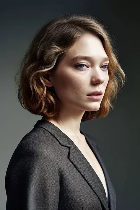 (CR-Le4Seydoux-summer4love263:0.99), full color photo of skswoman, grey background, undercut hair,
