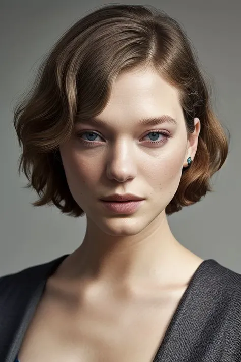 (CR-Le4Seydoux-summer4love263:0.9), full color photo of woman, grey background, slick undercut hair,
