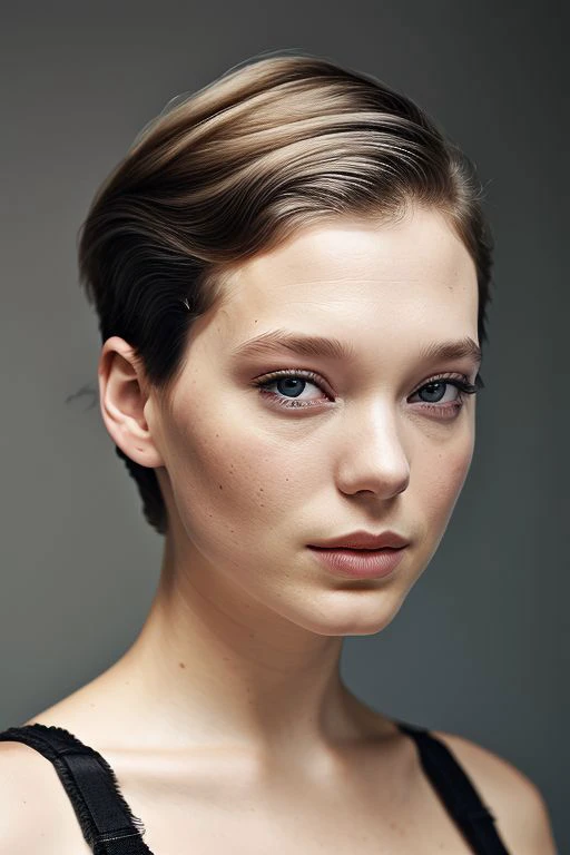 (CR-Le4Seydoux-summer4love263:0.9), full color photo of woman, grey background, (slick undercut hair:1.2),