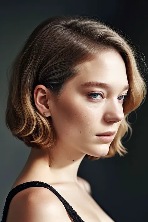 (CR-Le4Seydoux-summer4love263:0.9), full color photo of woman, grey background, (slick undercut hair:1.1),