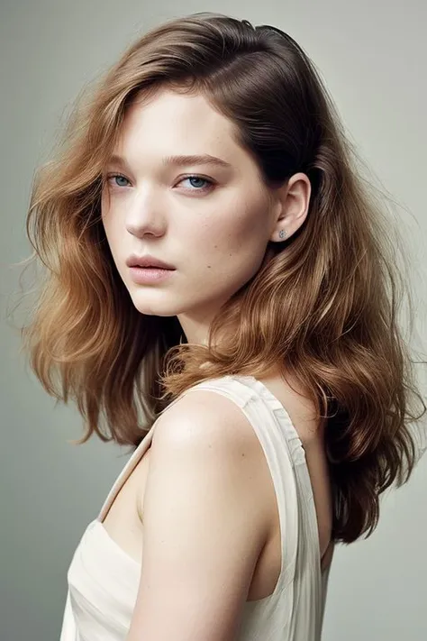 (CR-Le4Seydoux-summer4love263:0.9), full color photo of woman, grey background, (slick undercut hair:1.3),