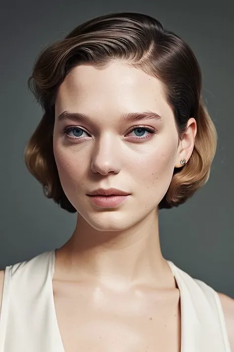 (CR-Le4Seydoux-summer4love263:0.9), full color photo of woman, grey background, (slick undercut hair:1.3),