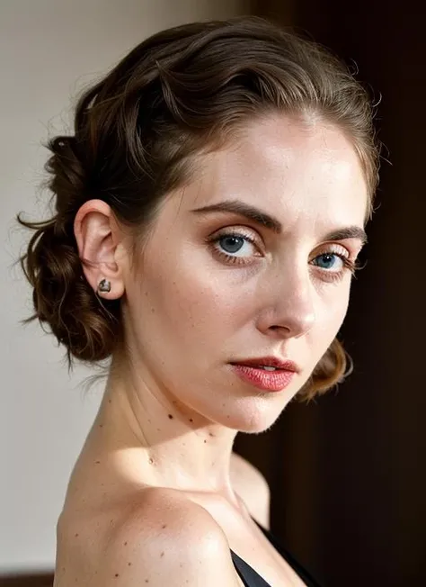 close up portrait of sks woman , by Flora Borsi, style by Flora Borsi, bold, bright colours, ((Flora Borsi)), by Gerda Taro, <lora:lora-small-alison-brie-v1:1>