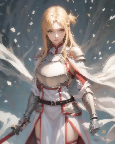 realistic,, asuna \(sao\), 1 girl, (armor), white cloth, blonde hair, brown eyes, (belt), standing, 1 sword, (holding sword on one hand: 1.4)