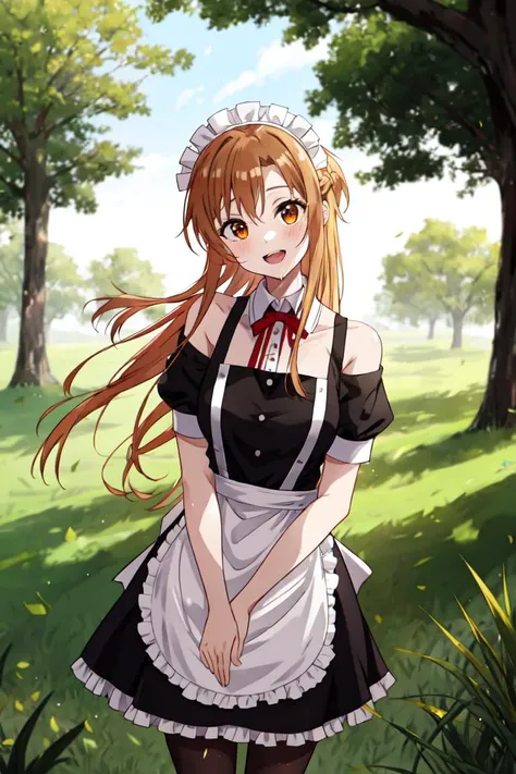 1girl, solo, cowboy_shot, <lora:asuna:0.8>, asuna, asuna \(sao\), orange eyes, frills, detached sleeves, bare shoulders,
maid, maid headdress, maid apron, mary janes, pantyhose,
looking_at_viewer, head tilt, smile, open mouth, saliva,
park, tree, grass,
gradient background, depth_of_field, blurry, blurry_background, blurry_foreground, motion_blur,, weird atmosphere, (best quality:1.1), (masterpiece:1.2), high quality shadow, beautiful detailed, (high detailed skin, skin details), (wide_landscape, 8k), beautiful face, detailed eyes, depth of field, dramatic light, best quality, highres, best shadow, best illumination,
