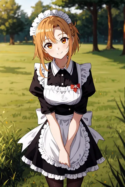 1girl, solo, cowboy_shot, <lora:asuna:0.8>, asuna, asuna \(sao\), orange eyes, maid, maid headdress, maid apron, mary janes, pantyhose,
looking_at_viewer, head tilt, smile,
park, tree, grass,
gradient background, depth_of_field, blurry, blurry_background, blurry_foreground, motion_blur,, weird atmosphere, (best quality:1.1), (masterpiece:1.2), high quality shadow, beautiful detailed, (high detailed skin, skin details), (wide_landscape, 8k), beautiful face, detailed eyes, depth of field, dramatic light, best quality, highres, best shadow, best illumination,