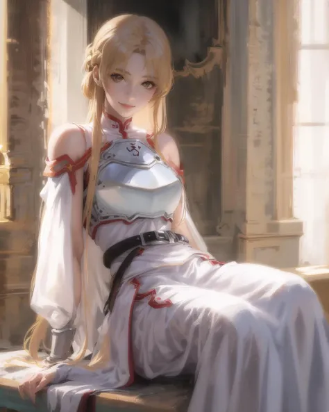 realistic,, asuna \(sao\), 1 girl, (armor), white cloth, blonde hair, brown eyes, (belt), sitting, light smile,