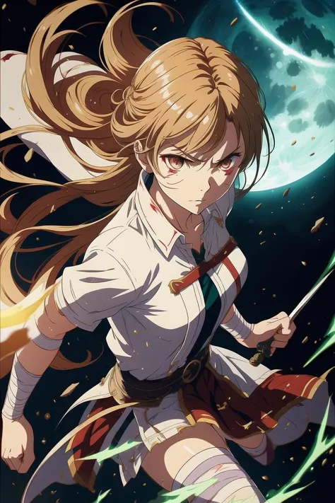 Asuna, masterpiece, best quality, 1girl, (dark fantasy, gore),(finely detailed beautiful eyes and detailed face), dynamic angle, cinematic lighting, bust shot, extremely detailed CG unity 8k wallpaper, light brown hair, white shirt, shirt covered in blood, dynamic angle, from above, running fighting stance, attack battle form, floating debris dust stones, wind, green slash effect, angry, hatred, scar, bandages, cape, holding sword, rapier, full moon, <lora:asunaLora_asuna:0.5>