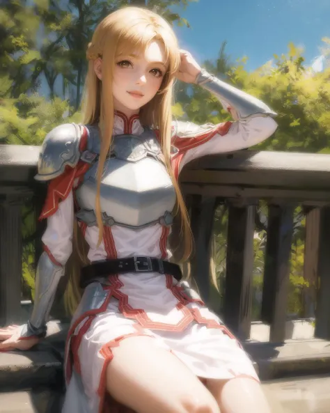 realistic,, asuna \(sao\), 1 girl, (armor), white cloth, blonde hair, brown eyes, (belt), sitting, light smile,