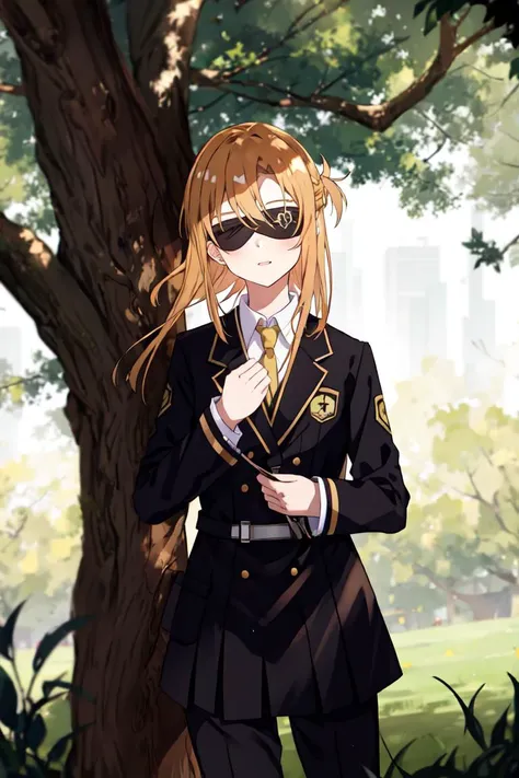 1girl, solo, cowboy shot, <lora:asuna:0.8>, asuna, asuna \(sao\),
black blindfold, black jacket, black pants, high collar, long sleeves, black_school uniform, (jujutsu tech uniform:1.3),
park, tree, grass,
gradient background, depth_of_field, blurry, blurry_background, blurry_foreground, motion_blur,, weird atmosphere, (best quality:1.1), (masterpiece:1.2), high quality shadow, beautiful detailed, (high detailed skin, skin details), (wide_landscape, 8k), beautiful face, detailed eyes, depth of field, dramatic light, best quality, highres, best shadow, best illumination,