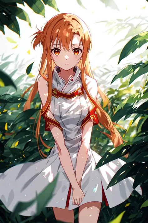 cowboy shot, <lora:asuna:0.8>, asuna, asuna \(sao\), orange eyes, looking_at_viewer, hand on own chest, gradient background, (best quality:1.1), (masterpiece:1.2), detailed eyes, highres, depth_of_field, leaf, blurry, blurry_background, blurry_foreground, motion_blur,