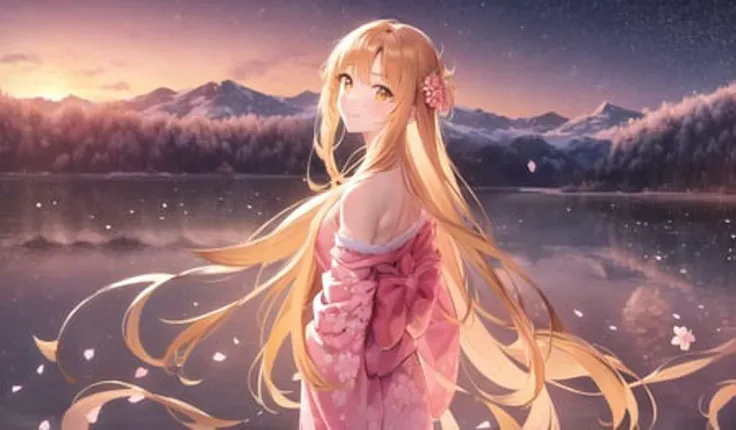 asuna, masterpiece, best quality, detailed, (1girl), solo, detailed golden eyes, long hair, standing, close to viewer, (detailed pink kimono), light smile, medium breasts, (arms behind back), water, sunset, (hair ornament), (Sakura bloom), (starry sky), snow mountain lake in the background, comet