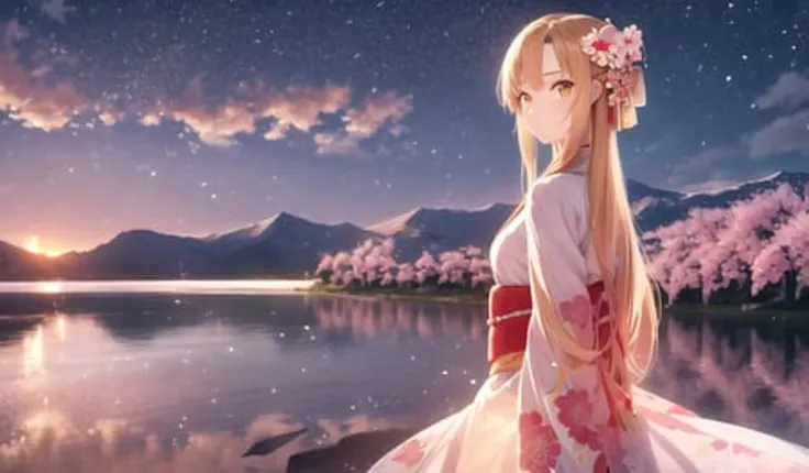 asuna, masterpiece, best quality, detailed, (1girl), solo, detailed golden eyes, long hair, standing, close to viewer, (detailed kimono), light smile, medium breasts, (arms behind back), water, sunset, (hair ornament), (Sakura bloom), snow mountain lake in the background