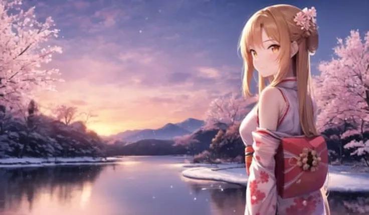 asuna, masterpiece, best quality, detailed, (1girl), solo, detailed golden eyes, long hair, standing, close to viewer, (detailed kimono), light smile, medium breasts, (arms behind back), water, sunset, (hair ornament), (Sakura bloom), snow mountain lake in the background