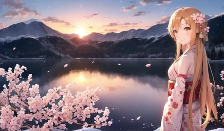 asuna, masterpiece, best quality, detailed, (1girl), solo, detailed golden eyes, long hair, standing, close to viewer, (detailed kimono), light smile, medium breasts, (arms behind back), water, sunset, (hair ornament), (Sakura bloom), snow mountain lake in the background