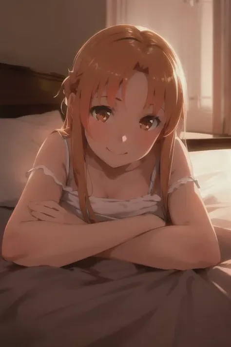 asuna, asuna_\(sao\), 1girl, fantasy, highres, looking_away, looking_to_the_side, original, realistic, scenery, close_up, upper_body, smiling, action pose,on_bed,<lora:asunaLora_asuna:0.6>
