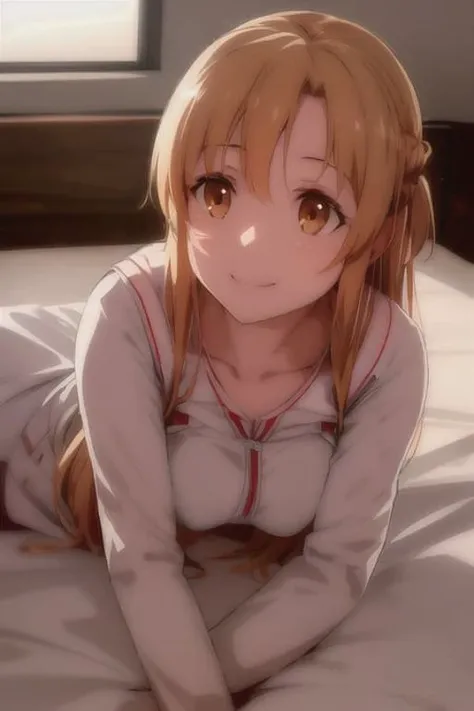 asuna, asuna_\(sao\), 1girl, fantasy, highres, looking_away, looking_to_the_side, original, realistic, scenery, close_up, upper_body, smiling, action pose,on_bed,<lora:asunaLora_asuna:0.6>