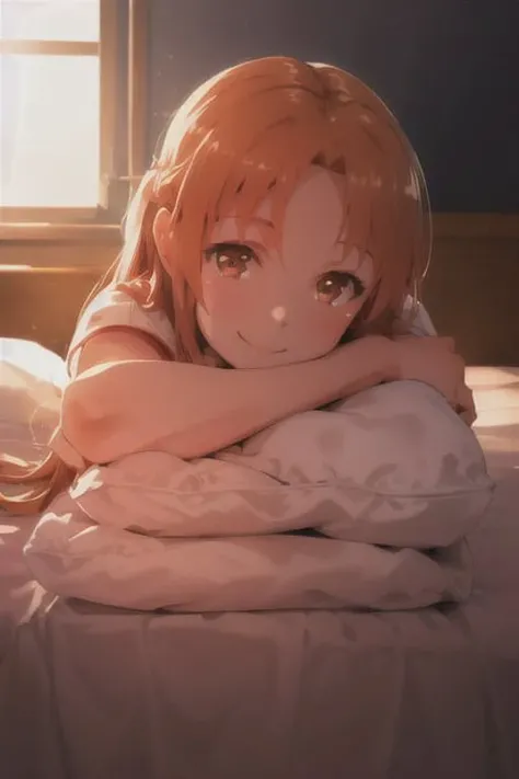 asuna, asuna_\(sao\), 1girl, fantasy, highres, looking_away, looking_to_the_side, original, realistic, scenery, close_up, upper_body, smiling, action pose,on_bed,<lora:asunaLora_asuna:0.6>