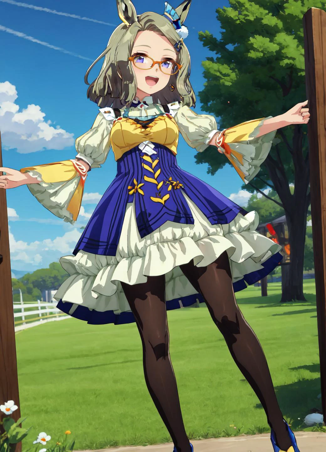 masterpiece, best quality, air_messiah\\(umamusume\\),1girl,hair ornament,horse ears, horse tail,
sharp image quality as shown in the photo,best quality,ultra-detailed,detailed light,slim body,slim legs,slender body shape,slender,kawaii,cute girl,,smile,
glasses, hair ornament, pantyhose, smile, full body(facing_another:1.2),open mouth,
<lora:GoodHands-vanilla:1.0><lora:flat:-0.2> <lora:flat2:-0.2> <lora:air_messiah-v1:0.8>