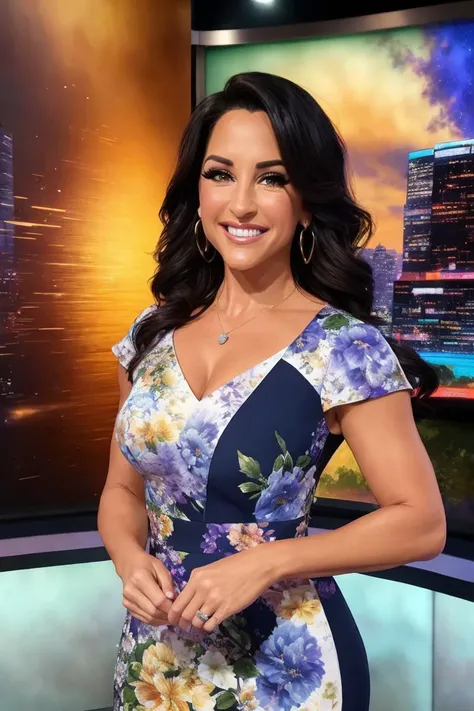 photo of (EComp69:0.99), a woman as a tv host, (sports announcer), (in a tv studio), (presentig a weather forecast), modelshoot style, (extremely detailed CG unity 8k wallpaper), photo of the most beautiful artwork in the world, professional majestic oil painting by Ed Blinkey, Atey Ghailan, Studio Ghibli, by Jeremy Mann, Greg Manchess, Antonio Moro, trending on ArtStation, trending on CGSociety, Intricate, High Detail, Sharp focus, dramatic, photorealistic painting art by midjourney and greg rutkowski, (sexy floral dress with neckline), ((looking at viewer)), (detailed pupils:1.3), (modern outfit:1.2)