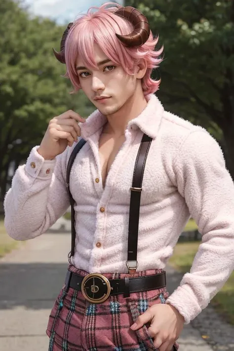 <lora:CHAR-Aries:0.65> AriesFairyTail, 1 man, male, wool hair, medium hair, sheep horns, pink eyes, flannel shirt, fur choker, belt, pale skin,