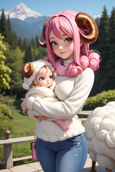 ultra detailed, sharp focus, best quality, masterpiece, colorful, <lora:CHAR-Aries:0.8> AriesFairyTail, wool hair, medium hair, sheep horns, pink eyes, fur dress, fur choker, (jeans:1.2), t-shirt, (holding a :1.2) best quality, masterpiece, intricate details