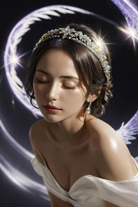 <lora:purple-HXZ:0.7>1girl, solo, jewelry, earrings, closed eyes, flower,(sunlight),(angel),dynamic angle, floating, wing, halo, floating white silk,(Holy Light),silver stars,