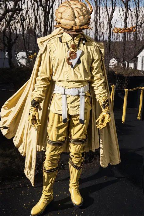 masterpiece, ultra high res, (photorealistic:1.2), muscular, <lora:danish:1>, object heads, (a large fried curry bread as head, bright yellow long sleeve shirt, bright yellow pants, yellow long gloves, yellow boots, yellow cloak, white belt:1.3), grove, grove, grove, grove, grove, grove, grove, grove, grove, grove