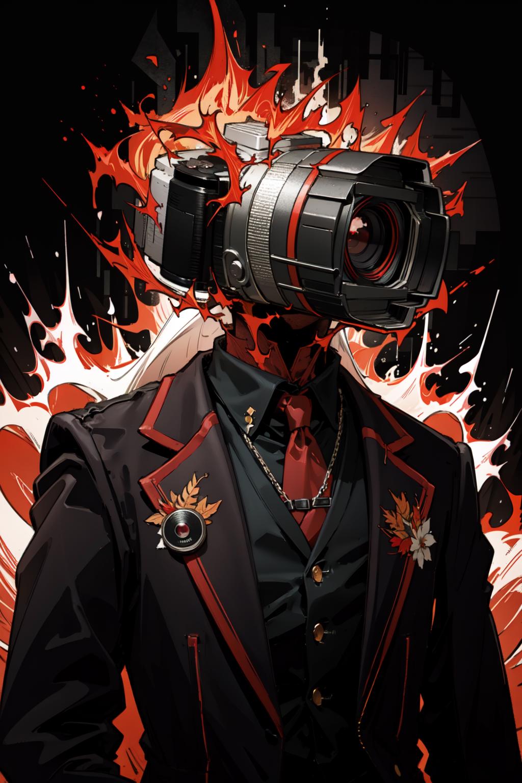 A close up of a person wearing a suit and a camera - SeaArt AI