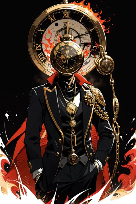 natural lighting, soft lighting, sunlight, HDR (High Dynamic Range), Maximum Clarity And Sharpness, Multi-Layered Textures,
red theme,black theme,fire theme,
1male,black suit,red blazer,golden embroidered edges,
<lora:danish:0.8> (red and black burning pocket watch as head:1.3)