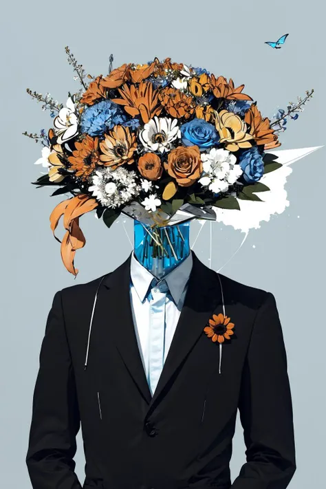 bee, blue_butterfly, bug, butterfly, flower, solo, white_butterfly, yellow_butterfly, simple_background, shirt, 1boy, jacket, monochrome, upper_body, male_focus, collared_shirt, leaf, formal, suit, bouquet, holding_bouquet, orange_flower, object heads, flower as head <lora:ob head:1>