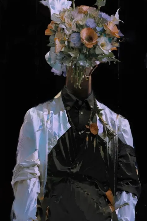 simple_background, shirt, 1boy, jacket, upper_body, male_focus, collared_shirt, leaf, formal, suit, bouquet, holding_bouquet, orange_flower, object heads, flower as head <lora:ob head:1>
flower,<lora:OilPaint:1>