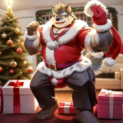 moritaka, santa claus outfit, smile, bulge,male focus, yellow eyes, muscular, muscular male, (pose), (posing), (soft shading), 4k, hi res, (full body), (livingroom),(christmas tree, presents), <lora:moritaka-08:1>