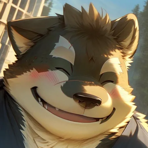 solo, male, highly detailed, ((detailed face, (eyes closed:1), detailed)),(smile), looking at viewer,portrait, close-up,(digital flat colors:1.1), shaded,good anatomy,(masterpiece:1.3),(best quality:1.4), 4k, hi res,<lora:nj5furry-v2:1.2>,nj5furry, <lora:moritaka-08:1>, moritaka