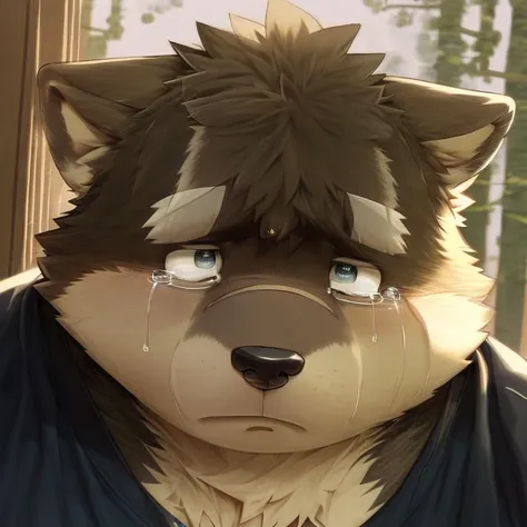solo, male, highly detailed, ((detailed face, (detailed eyes:1), detailed)),(sad),(ears down),(tears falling), looking at viewer,portrait, close-up,(digital flat colors:1.1), shaded,good anatomy,(masterpiece:1.3),(best quality:1.4), 4k, hi res,<lora:nj5furry-v2:1.2>,nj5furry, <lora:moritaka-08:1>, moritaka