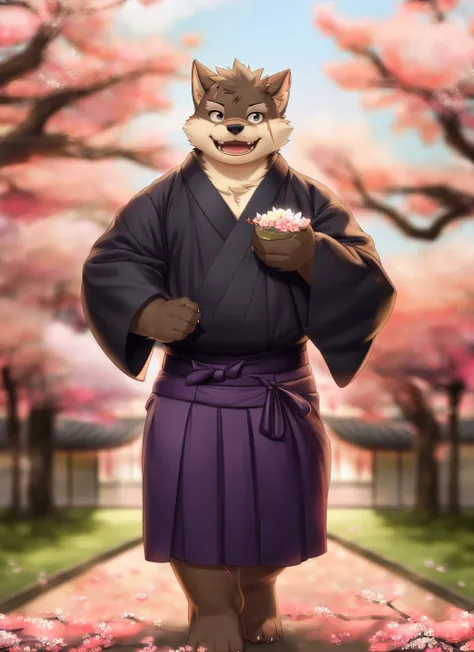 <lora:moritaka-08:0.9>, moritaka, solo, bara, scar, (plump), fat, (pose), (posing), tail, dog tail, (soft shading), 4k, hi res, ((detailed face, detailed eyes, detailed)), (full body), by zackarry911, by zaush, (by personalami:0.5), solo, looking at viewer, smile, short hair, open mouth, skirt, 1boy, holding, male focus, japanese clothes, kimono, feet out of frame, fangs, hakama, hakama skirt, hand fan, holding fan, haori, hakama pants, temple, cherry blossoms,