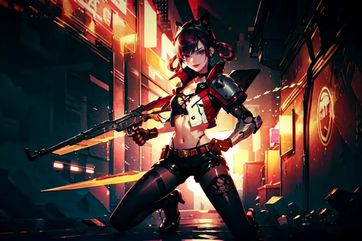 <lora:JW:0.7> starry,strry light,night,colorful,cloud,star \(sky\), <lora:Yuan_Project:0.8> mache,hemet,armor, mecha, purple theme, neon lights,, ultra detailed, masterpiece, best quality, aesthetic, detailed,, solo, seductive smile, red lips,
1girl, purple eyes, red hair, blunt bangs, medium breasts, <lora:hair_rings:1> low hair rings, <lora:EllaNyan:1>,, taut clothes, choker, bandeau, elbow gloves, taut shorts, lowleg shorts, navel, groin tendon, belt, patterned legwear, pantyhose, (pantyhose under shorts:1.2), high heel boots,