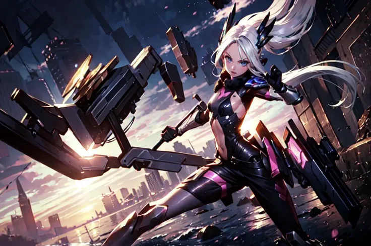 <lora:JW:0.7> starry,strry light,night,colorful,cloud,star \(sky\), <lora:Yuan_Project:0.8> mache,hemet,armor, mecha, pink energy spear, pink lance, fighting stance, pink theme, standing,, ultra detailed, masterpiece, best quality, aesthetic, detailed,, serious, 1girl, (white eyes:1.1), (grey eyes:1.3), white hair, very long hair, parted hair, parted bangs, <lora:parted_hair_v1.3:1.3>, medium breasts,, valkyrie, (bodysuit:1.1), pink wing hair ornament, grey armored skirt, black bodysuit, armor, gauntlets, pink breastplate, greaves, armored dress, pink hues,