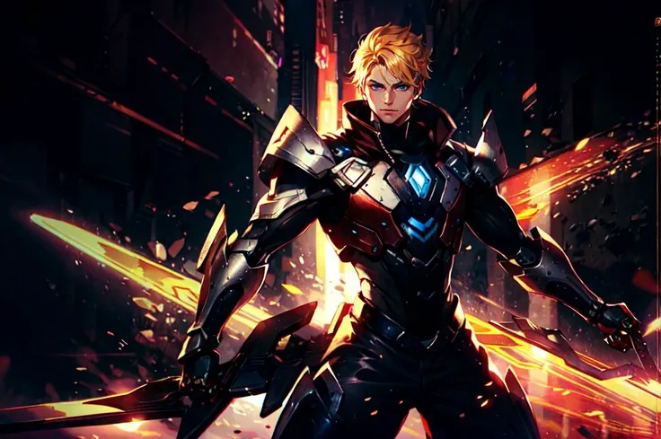 <lora:JW:0.7> starry,strry light,night,colorful,cloud,star \(sky\), <lora:Yuan_Project:0.8> mache,hemet,armor, mecha, holding sword, red theme, phoenix,, ultra detailed, masterpiece, best quality, aesthetic, detailed,, solo, smile, 1boy, blue eyes, medium blonde hair, parted bangs, hair intakes, male focus, muscular male,, armor, pauldrons, cuirass, gauntlets, waist cape, greaves, black bodysuit, surcoat, shoulder sash, wing shoulder armor, cape, pants,