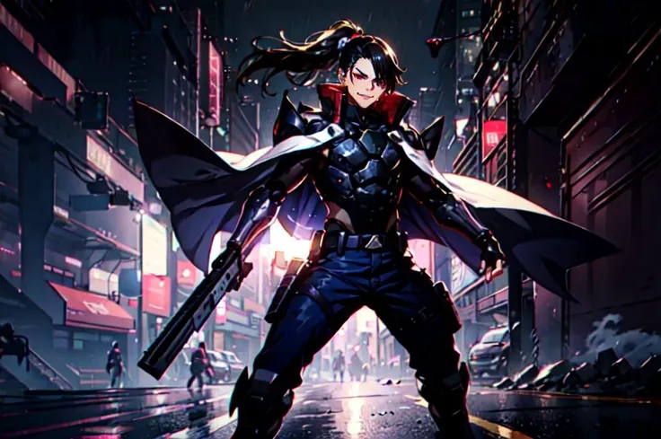 <lora:JW:0.7> starry,strry light,night,colorful,cloud,star \(sky\), <lora:Yuan_Project:0.8> mache,hemet,armor, mecha, holding gun, ultra detailed, masterpiece, best quality, aesthetic, detailed,, solo, smug smile, 1boy, red eyes, <lora:Tsurime3:0.7>, (tsurime:1.2), black hair, undercut, top knot, parted bangs, long bangs, bangs, short hair, hair intakes, tall,, <lora:StS-Coat-and-Jacket-On-Shoulders-Iteration2:0.7> dataset, jacket on shoulders, (coat on shoulders:1.3), black coat, dress shirt, sleeves rolled up, fingerless gloves, holster, pants, belt, multiple belts, combat boots, bulletproof vest, tactical clothes,
