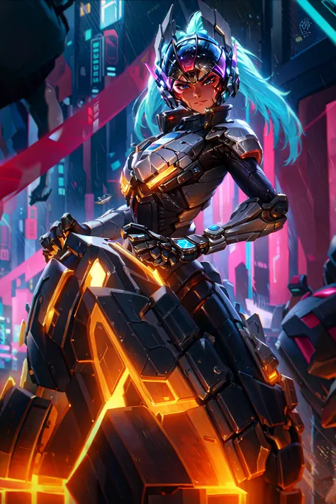 solo,masterpiece, best quality,1girl, <lora:Yuan_Project:1>,mecha,helmet,battle, building, city, city_lights, claws, glowing, night, science_fiction, signature, armor,