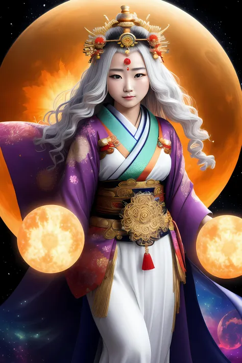 (masterpiece), (best quality), (intricate details, hyperdetailed:1.20), fractal art, 1girl, (full body:1.20), wavy hair, (white hair), hair decoration, green eyes, dancing, happy, tshee00d, vector style, solo, cute japanese, kimono, goddess of the sun, Japanese mythology,(featuring mythical creatures), solar system, milky way, dream, fantasy, (abstract background:1.3), masterpiece, ultra realistic, 32k, extremely detailed CG unity 8k wallpaper, best quality