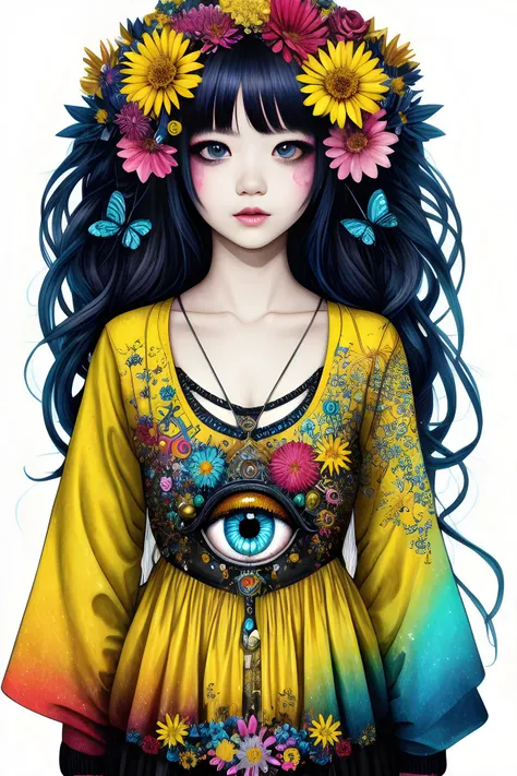 masterpiece, ultra-high quality, (ultra detailed original illustration), (1girl, upper body), ((harajuku fashion)), ((flowers with human eyes, flower eyes)), double exposure, fussion of fluid abstract art, glitch, (2d), (original illustration composition), (fusion of limited color, maximalism artstyle, geometric artstyle, butterflies, junk art), yellow theme, Ultramarine, neon color