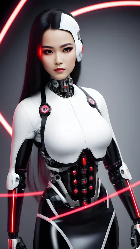nijistyle, full body of cyborg lady, cybernetic jaw, mechanical parts, white shirt, unbottoned, black latex skirt, metal skin, glowing red eyes, cables, wires, black hair, simple background, (surrealism:1.1), (disturbing:1.1), (cottagecore), (geometric:1.2), (futurism:1.2), impressionist, (majestic:1.2), (breathtaking), (suggestive:1.3), (depressing:1.3), (enticing:1.4), (irresistible:1.4), disturbing, (fascinating:1.2), (magnetic:1.2)