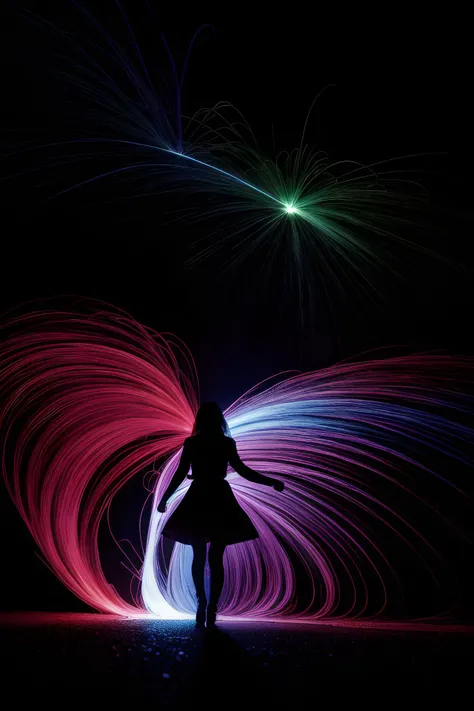 (masterpiece, best quality:1.4), light painting, (long exposure:1.2),dynamic streaks, luminous trails, vibrant colors, fluid movement, captivating patterns, creative experimentation,(1girl),(highest detailed),(cowboy shot:1.2), dynamic pose, depth of field, volumetric lighting maximalist photo illustration, photorealistic, hyperrealism, hyper realistic color photo, realistic photography ((hnsrdlf style)), dark atmosphere, gothic art, realistic blood, RTX graphic, HDR, ultra detailed, ultra realistic shadows, ultra quality