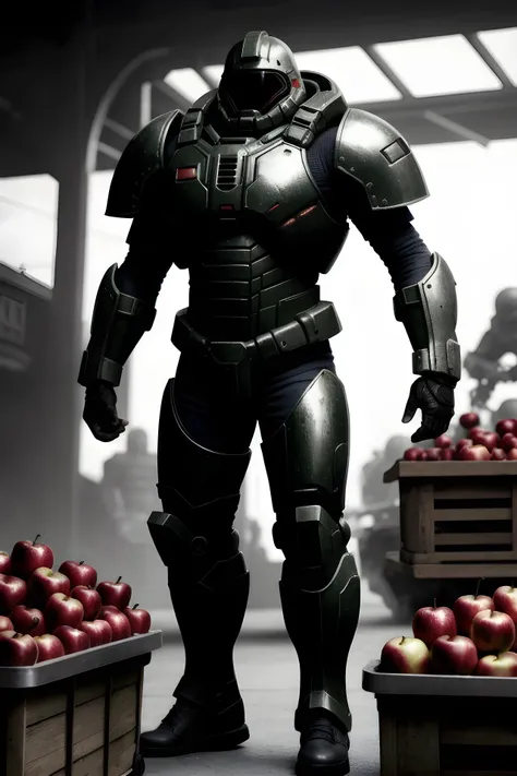 Photo of doomguy in a big market, looking at viewer, crate of apples, (detailed background:1.2), (raw, extremely intricate:1.2), (poor quality photo:0.7), muted colors, cinematic light, best shadow, looking at viewer, (blurry:1.2), full body, reflective metal, textured fabric, silver helmet, (belly:0.5)